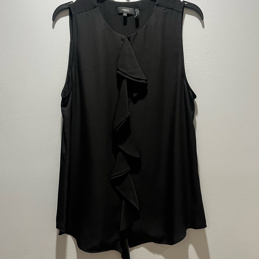 Women's THEORY Large Black 100% Silk Raffle Blouse/Front Opening